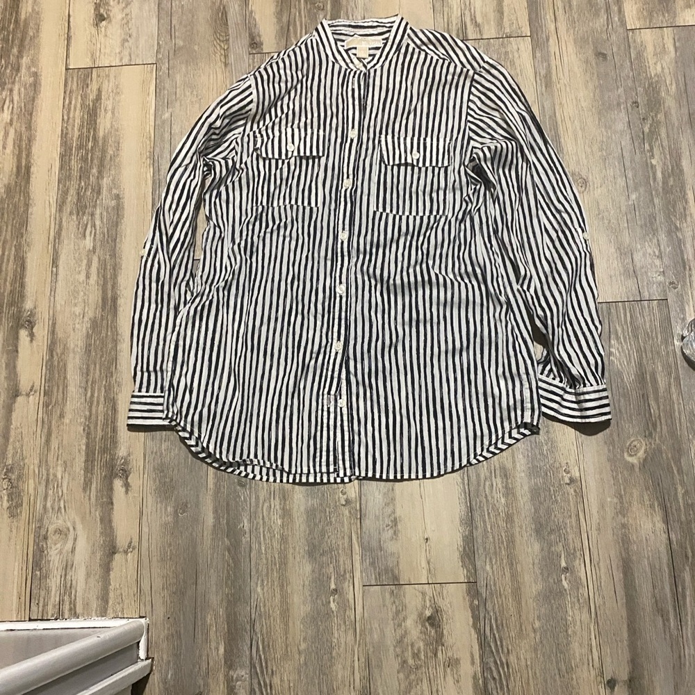 Michael Kors Black and White Striped Button Down Shirt